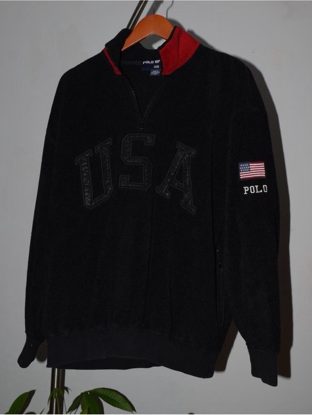 Vintage Polo Sport USA Fleece Quarter 1/4 Zip Jacket Black Red 90s Mens Medium